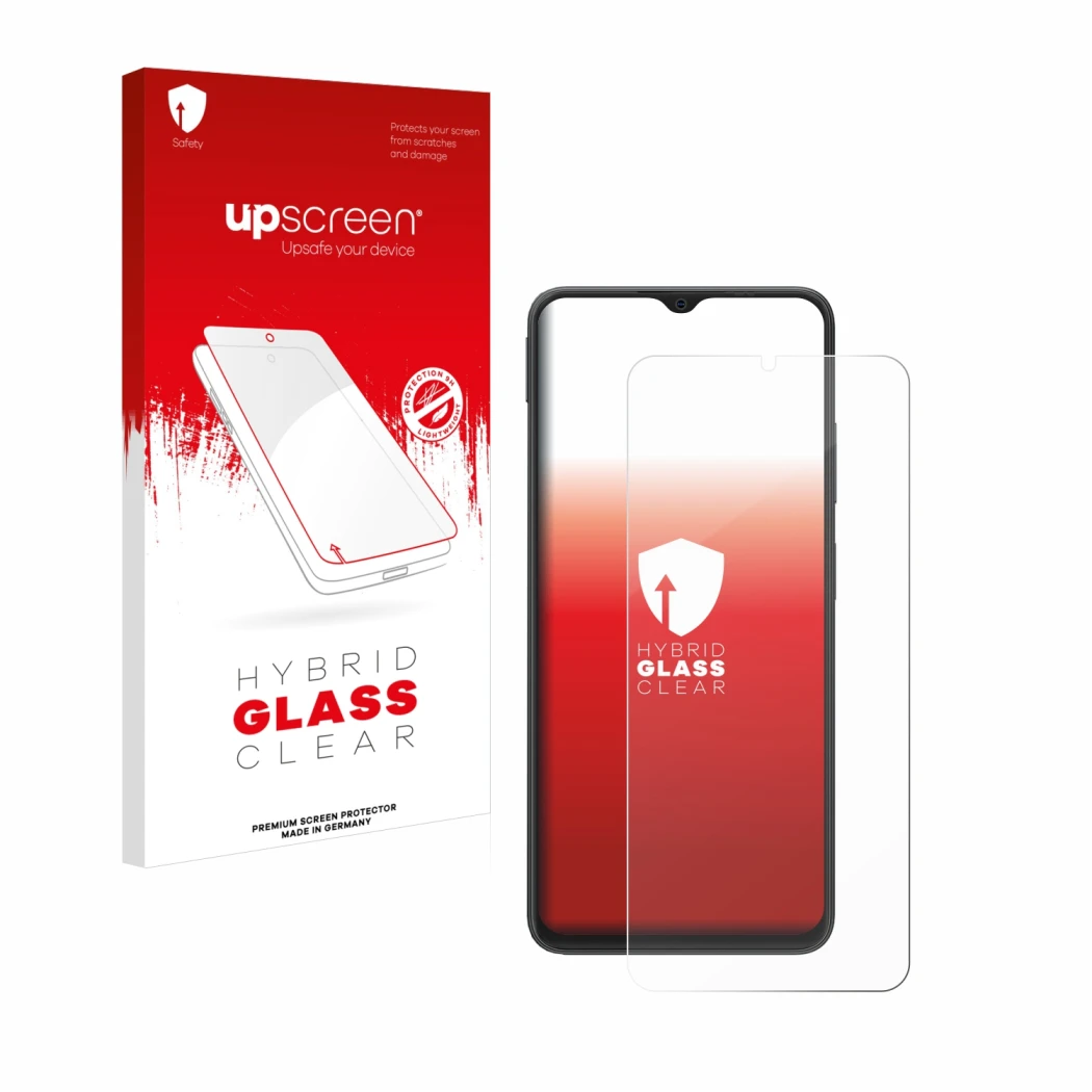 Face avant d’un emballage produit avec le logo de la marque upscreen. À côté, l’appareil Blackview Wave 8C est représenté avec