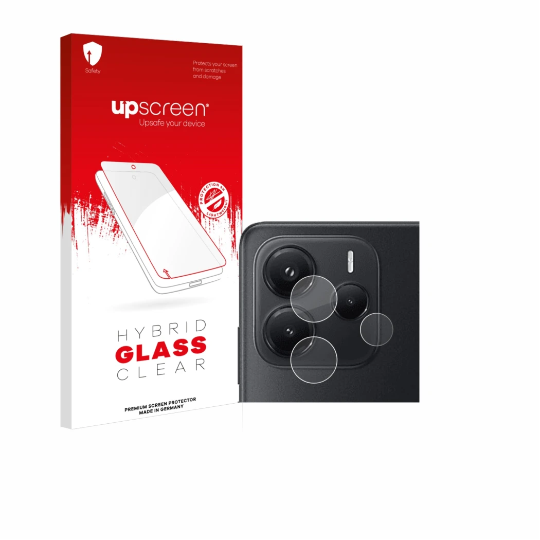 Face avant d’un emballage produit avec le logo de la marque upscreen. À côté, l’appareil Xiaomi Redmi Note 14 (Caméra UNIQUEME