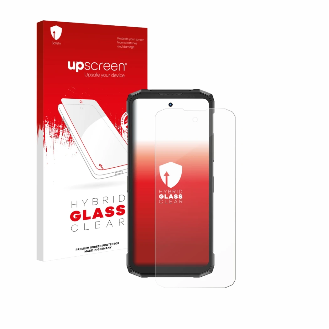 Face avant d’un emballage produit avec le logo de la marque upscreen. À côté, l’appareil Doogee Fire 6 Power est représenté av