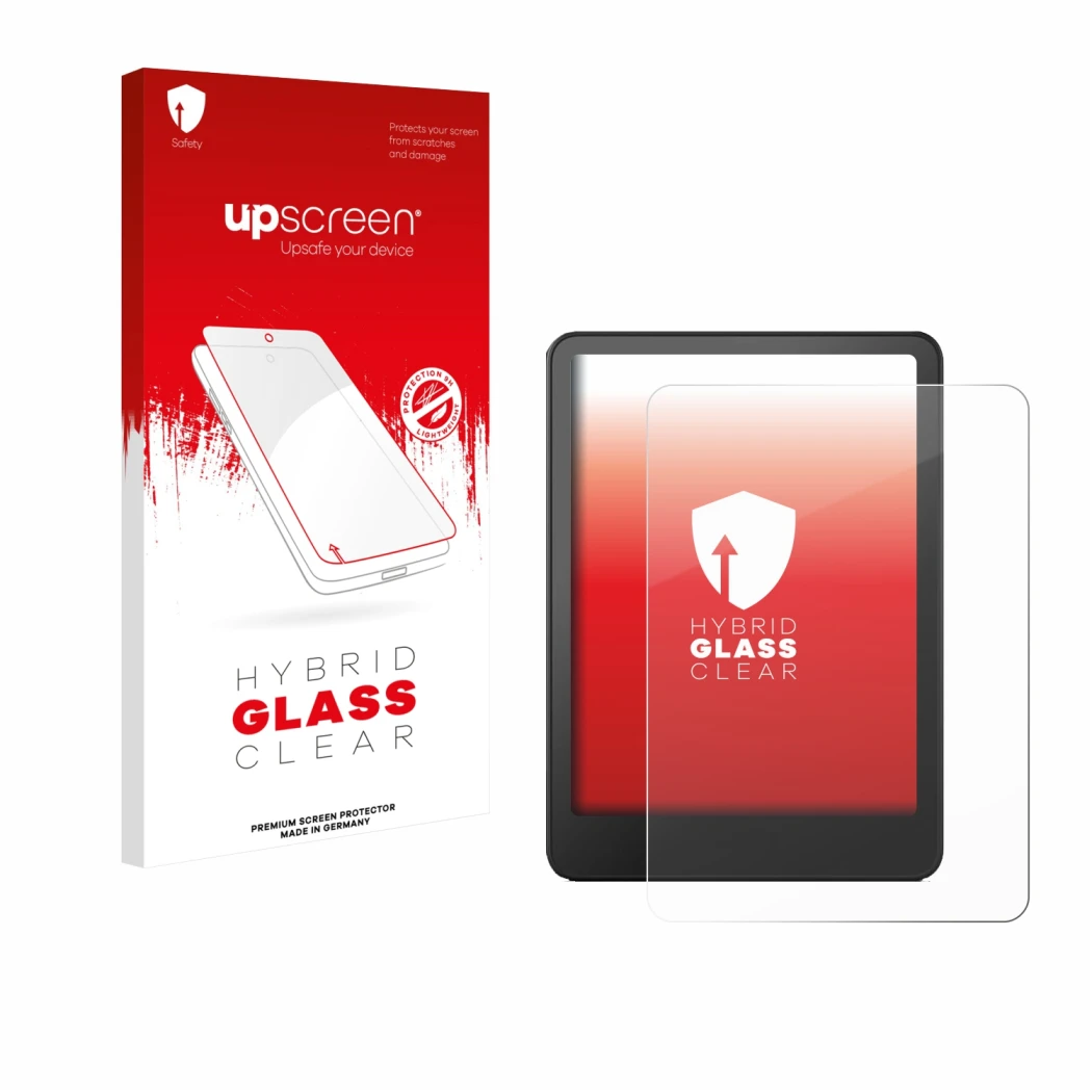 Face avant d’un emballage produit avec le logo de la marque upscreen. À côté, l’appareil Amazon Kindle Paperwhite 2024 Signatu