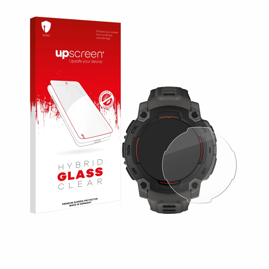 Face avant d’un emballage produit avec le logo de la marque upscreen. À côté, l’appareil Garmin Instinct E (45 mm) est représe