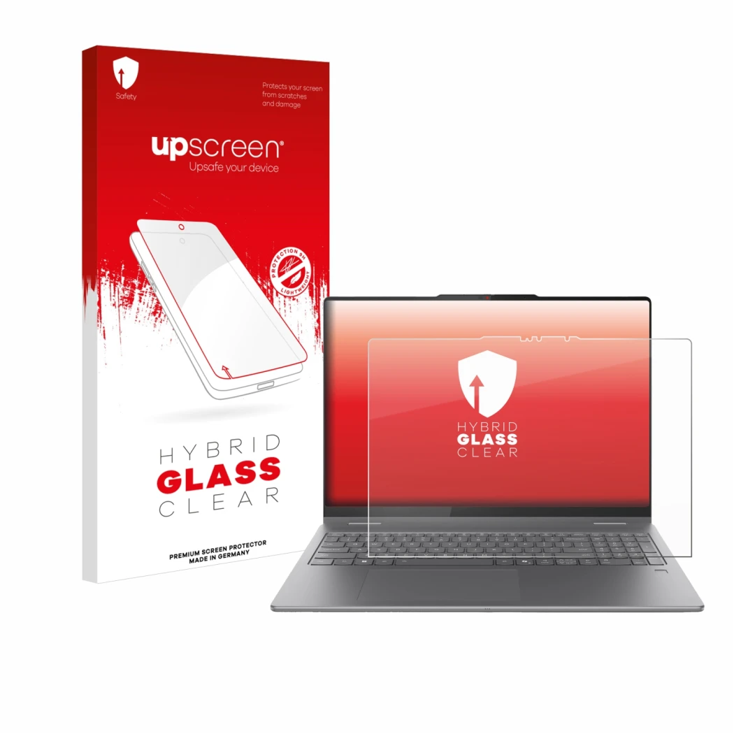 Face avant d’un emballage produit avec le logo de la marque upscreen. À côté, l’appareil Lenovo Yoga 7 2-in-1 Gen 10 16