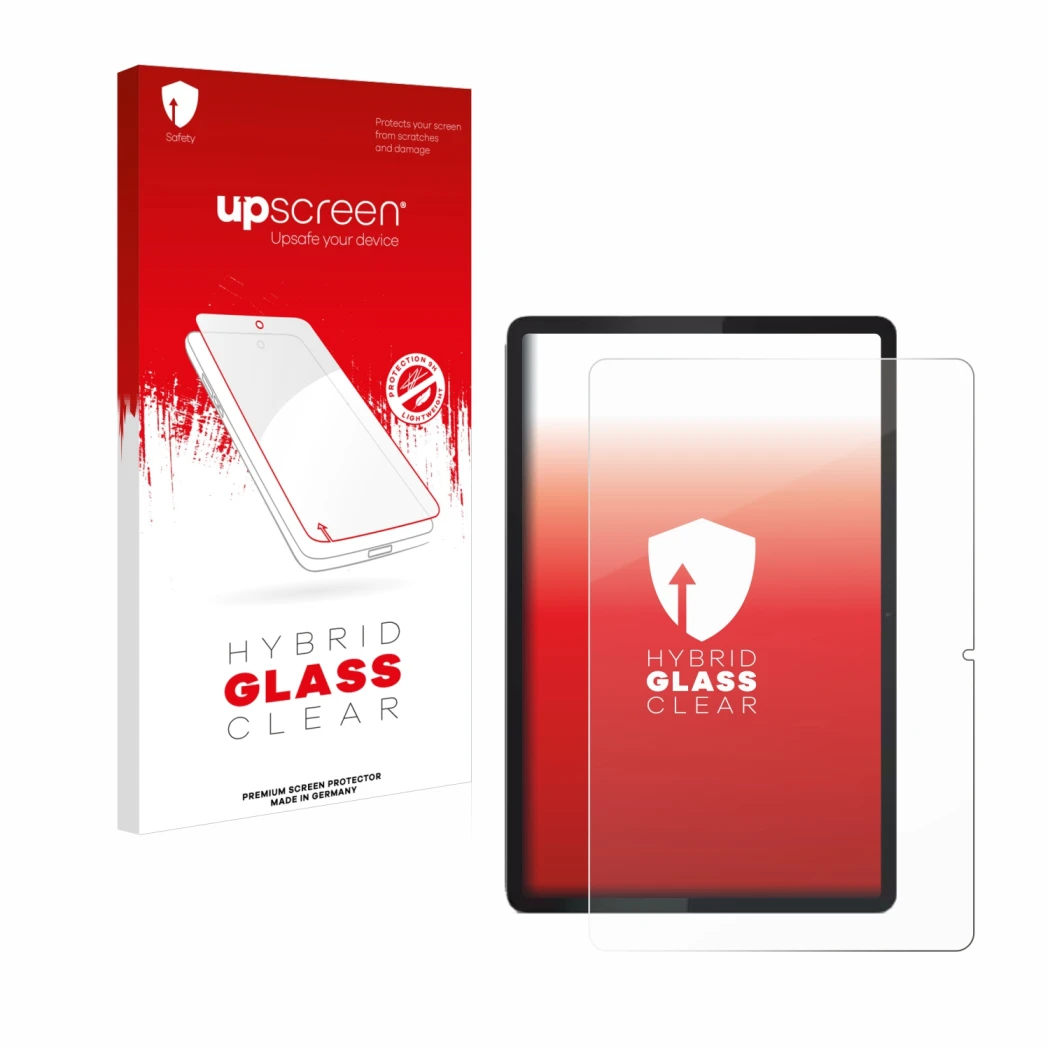 Face avant d’un emballage produit avec le logo de la marque upscreen. À côté, l’appareil Lenovo Tab 2025 10.1