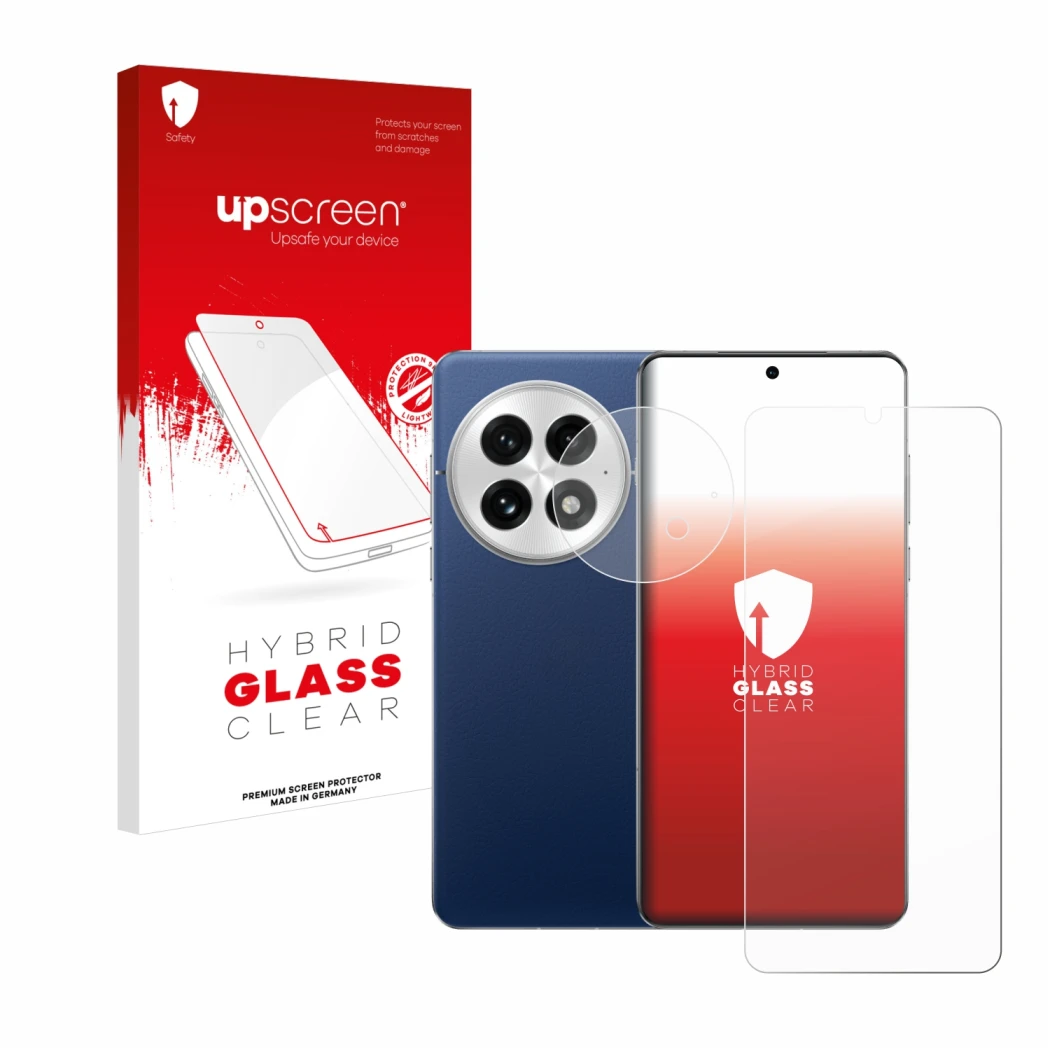 Face avant d’un emballage produit avec le logo de la marque upscreen. À côté, l’appareil OnePlus 13 (Avant+Caméra) est représe