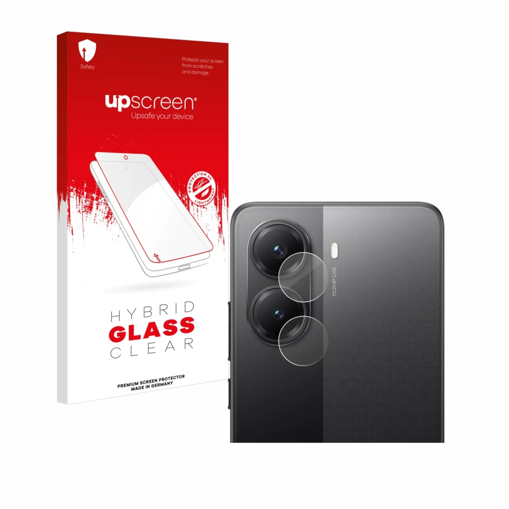 Face avant d’un emballage produit avec le logo de la marque upscreen. À côté, l’appareil Xiaomi Poco X7 Pro (Caméra UNIQUEMENT