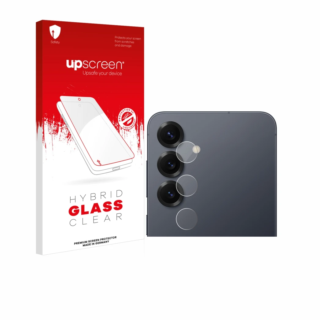 Face avant d’un emballage produit avec le logo de la marque upscreen. À côté, l’appareil Samsung Galaxy S25 (Caméra UNIQUEMENT