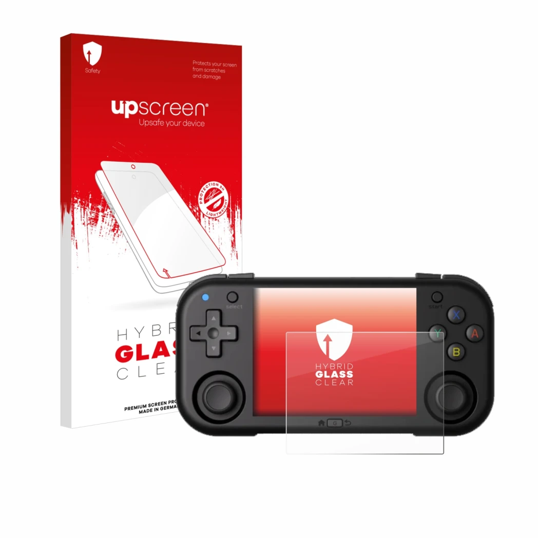 Face avant d’un emballage produit avec le logo de la marque upscreen. À côté, l’appareil Magicx Mini Zero 28 est représenté av