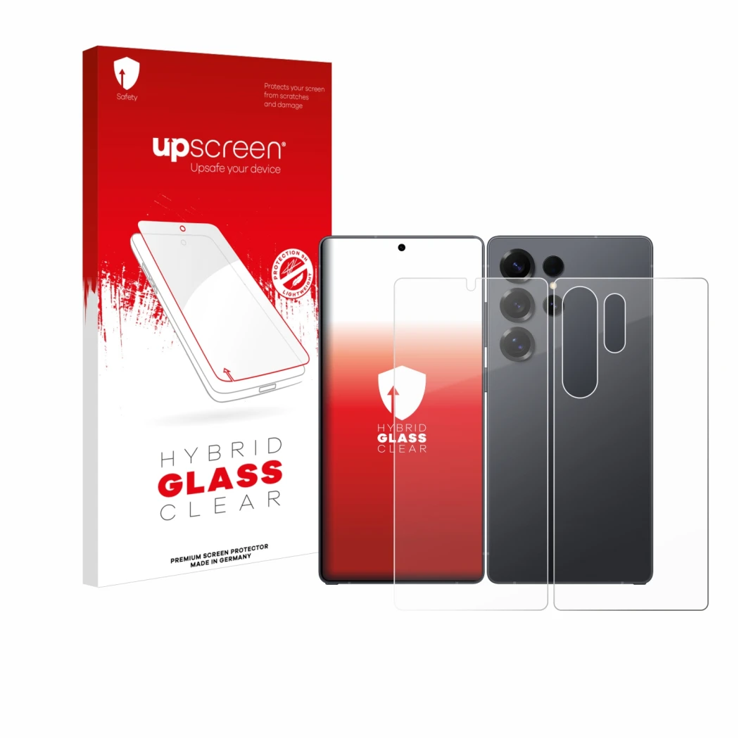 Face avant d’un emballage produit avec le logo de la marque upscreen. À côté, l’appareil Samsung Galaxy S25 Ultra (Avant+Arriè