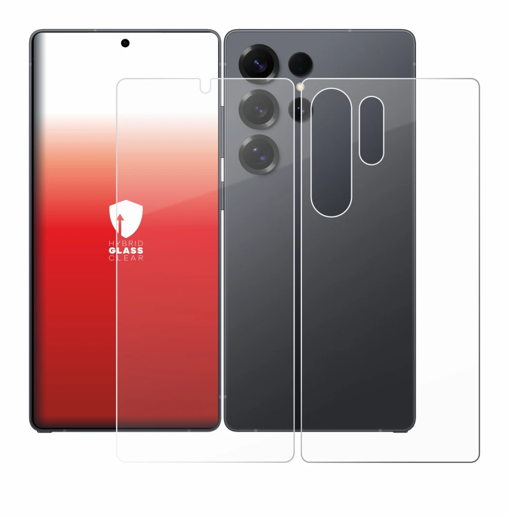 Image de l'appareil Samsung Galaxy S25 Ultra (Avant+Arrière) avec une grande variété de protections d'écran.