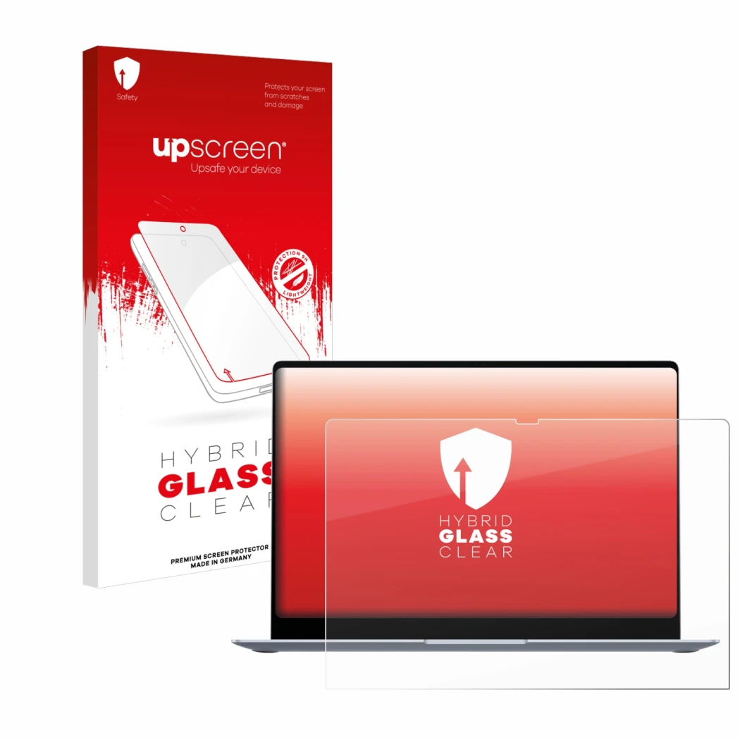 Face avant d’un emballage produit avec le logo de la marque upscreen. À côté, l’appareil Samsung Galaxy Book4 Edge 15.6