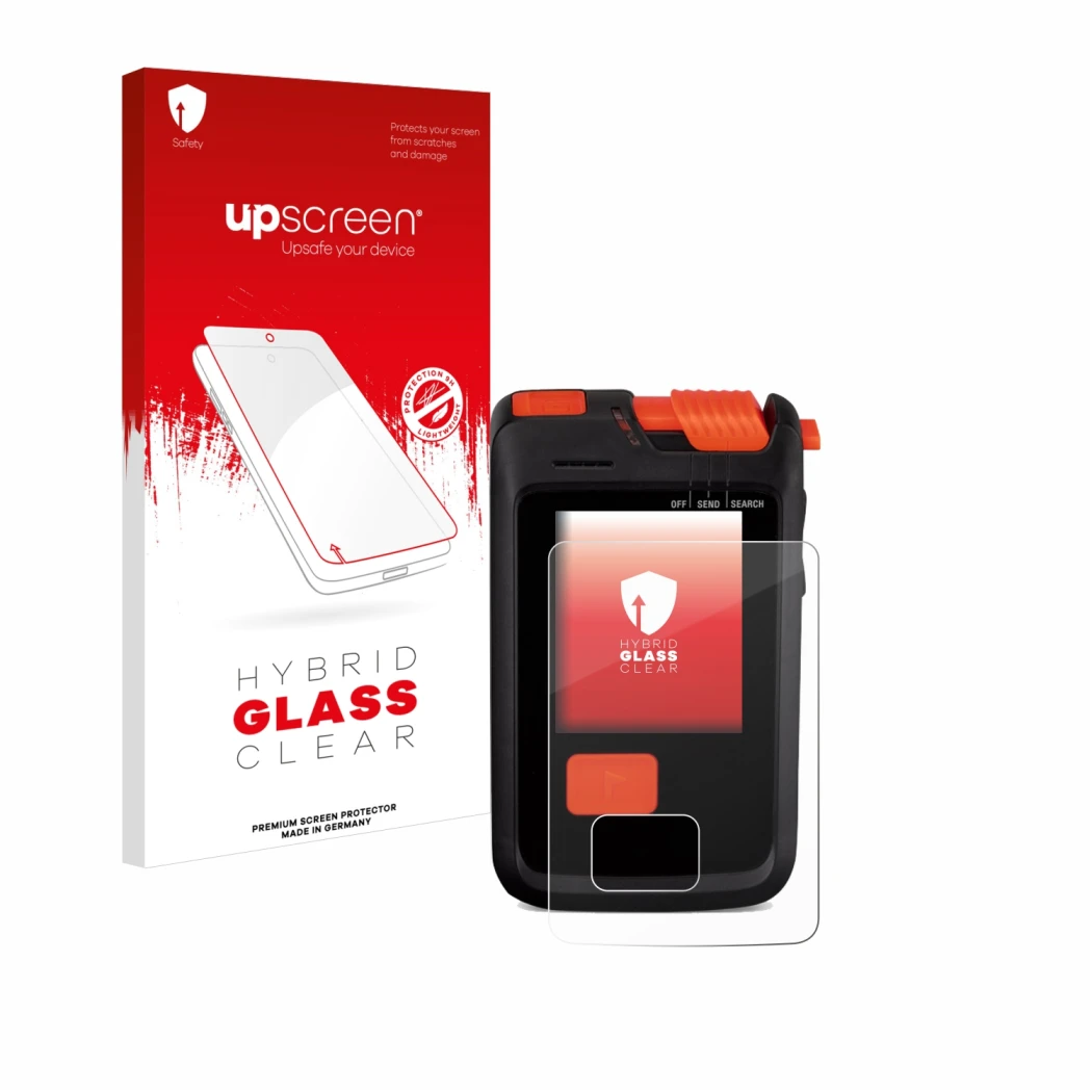 Face avant d’un emballage produit avec le logo de la marque upscreen. À côté, l’appareil Mammut Barryvox S2 est représenté ave