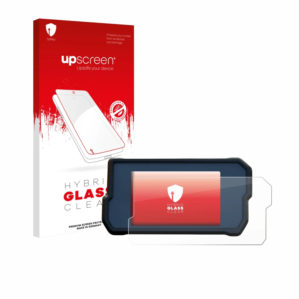 Face avant d’un emballage produit avec le logo de la marque upscreen. À côté, l’appareil KTM RC125 / RC390 2022+ est représent