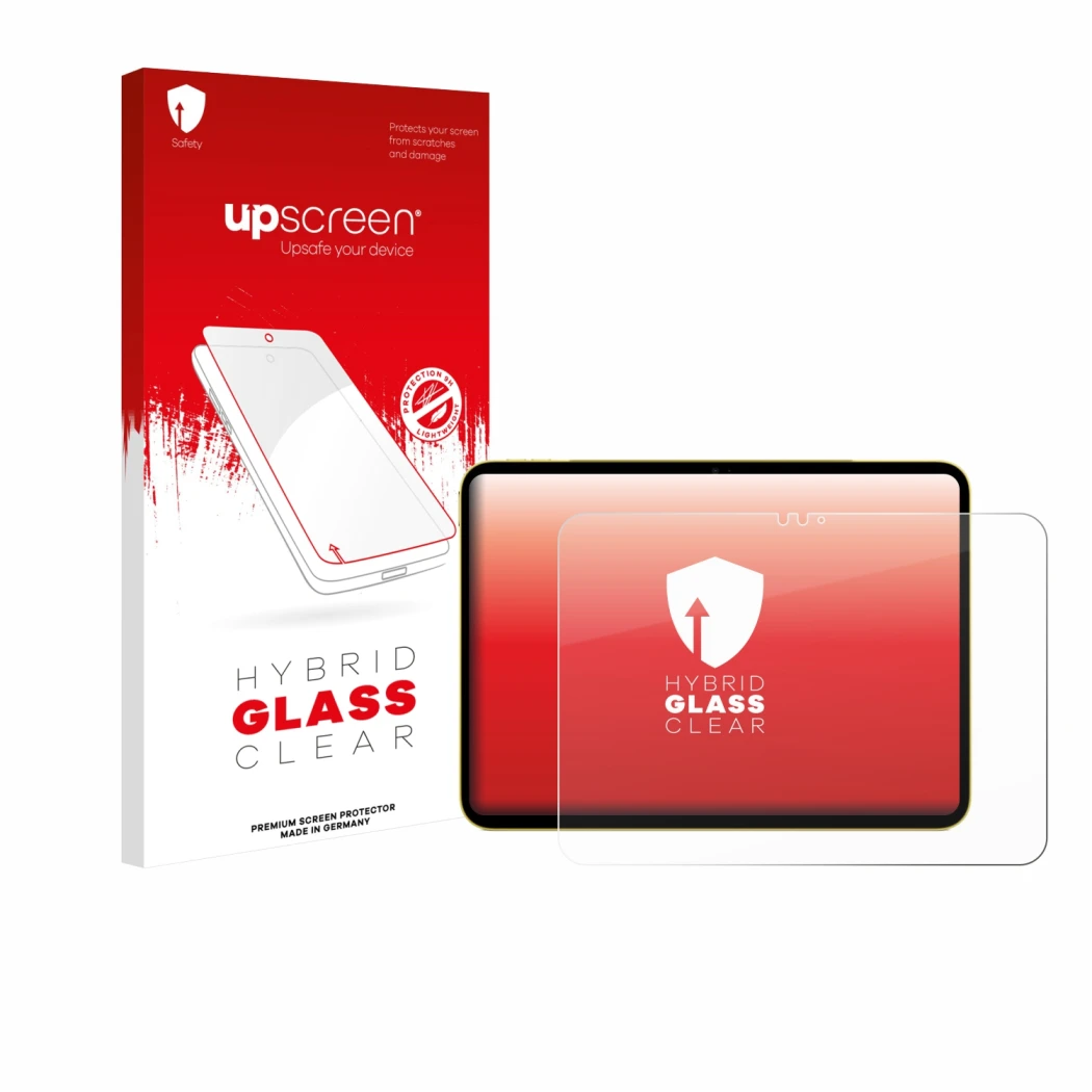 Face avant d’un emballage produit avec le logo de la marque upscreen. À côté, l’appareil Apple iPad Air 11