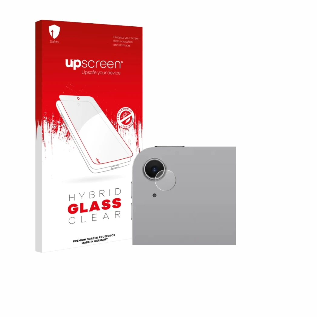 Face avant d’un emballage produit avec le logo de la marque upscreen. À côté, l’appareil Apple iPad Air 11