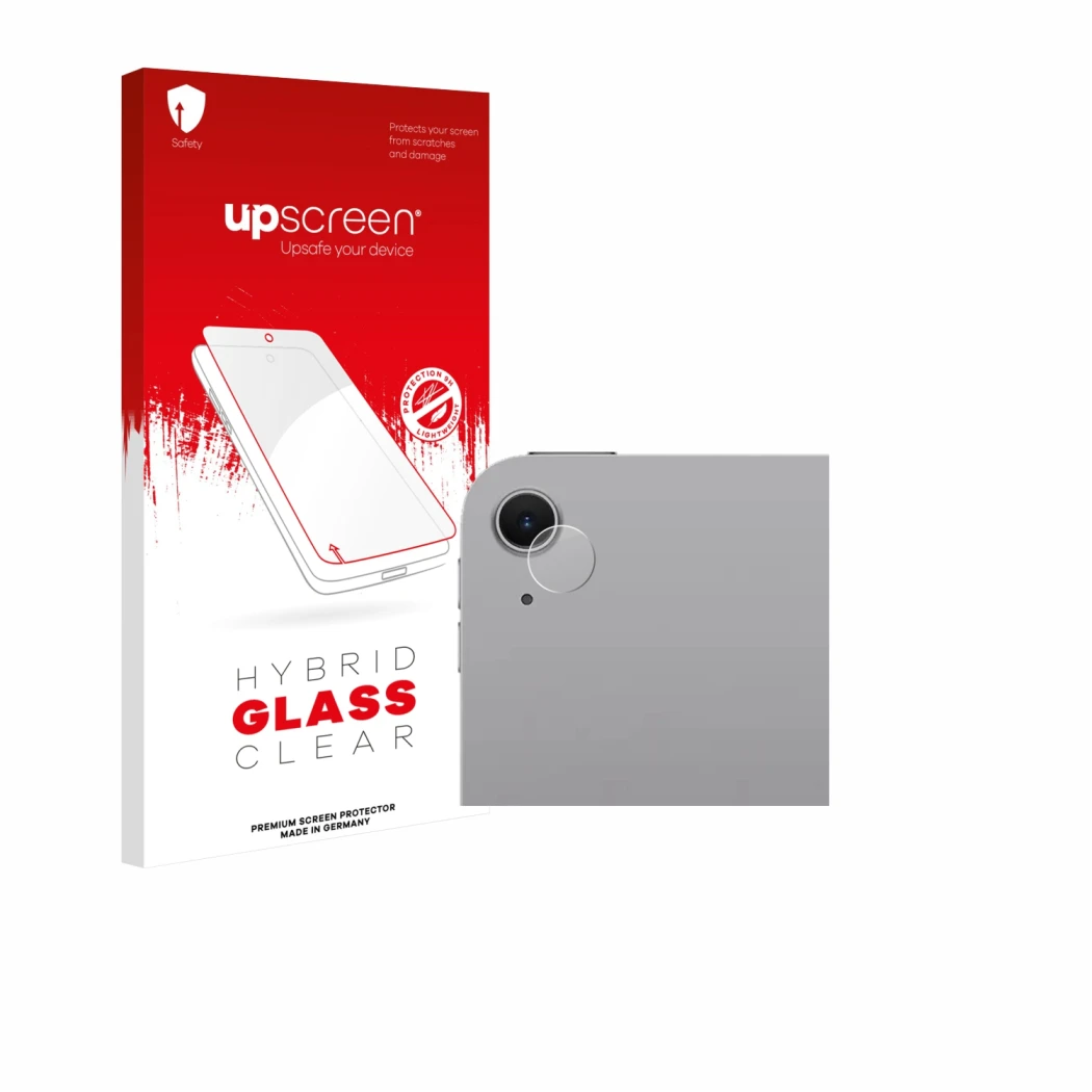 Face avant d’un emballage produit avec le logo de la marque upscreen. À côté, l’appareil Apple iPad Air 13