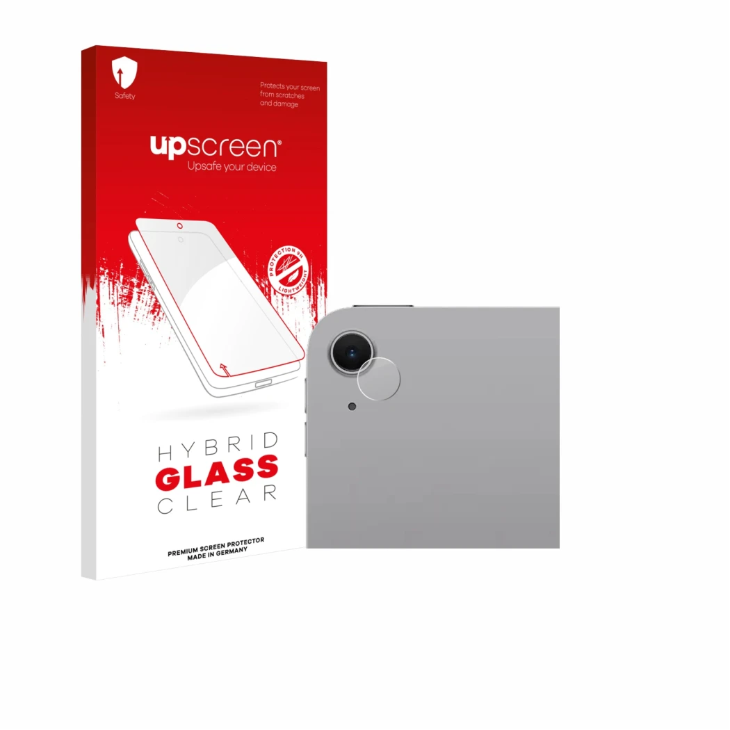 Face avant d’un emballage produit avec le logo de la marque upscreen. À côté, l’appareil Apple iPad Air 13