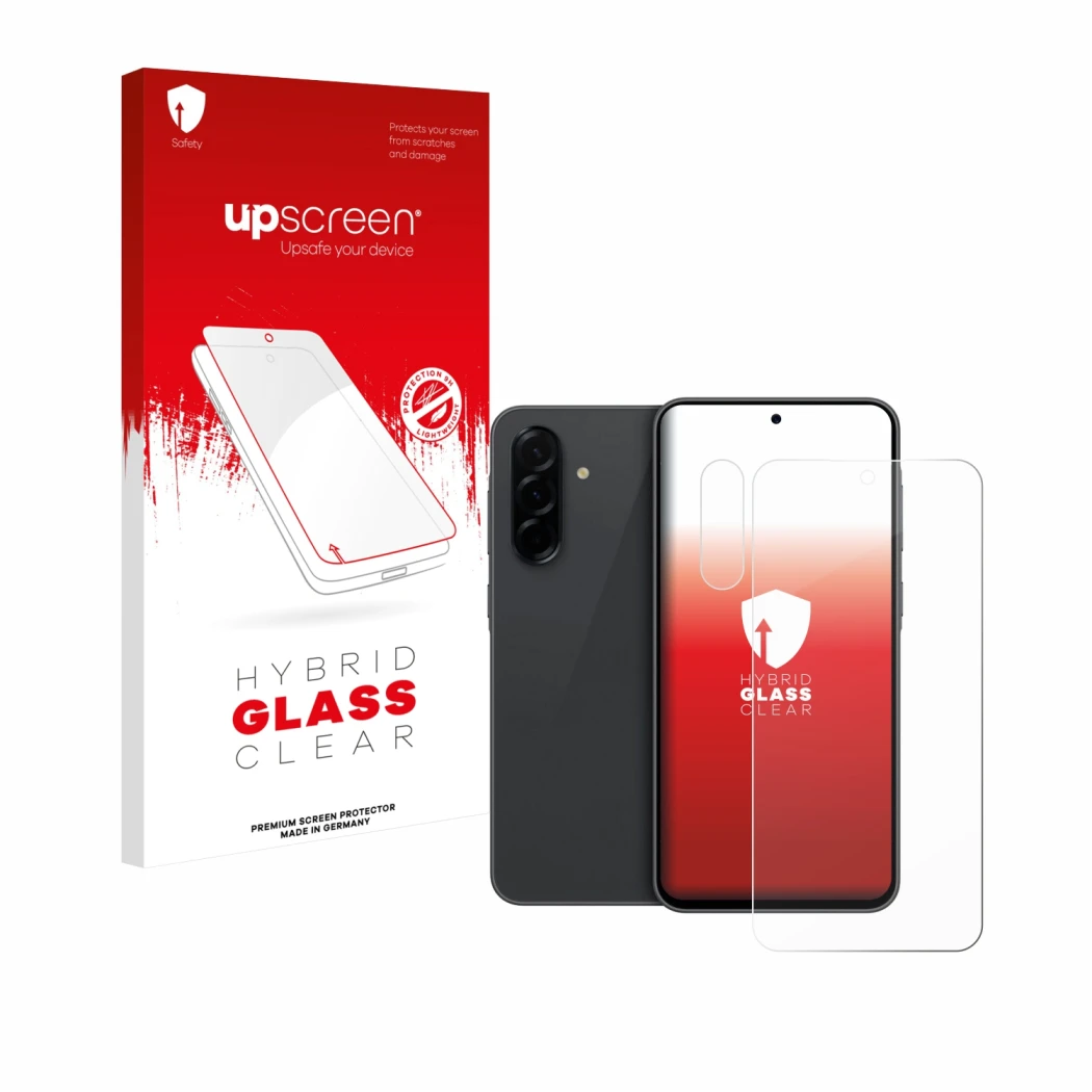 Face avant d’un emballage produit avec le logo de la marque upscreen. À côté, l’appareil Samsung Galaxy A36 5G (Avant+Caméra) 