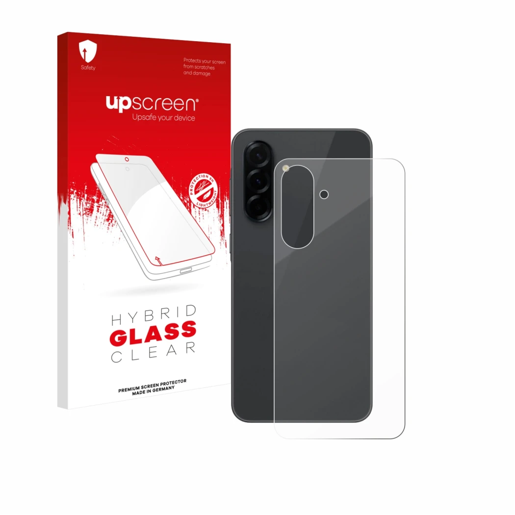 Face avant d’un emballage produit avec le logo de la marque upscreen. À côté, l’appareil Samsung Galaxy A36 5G (Arrière) est r