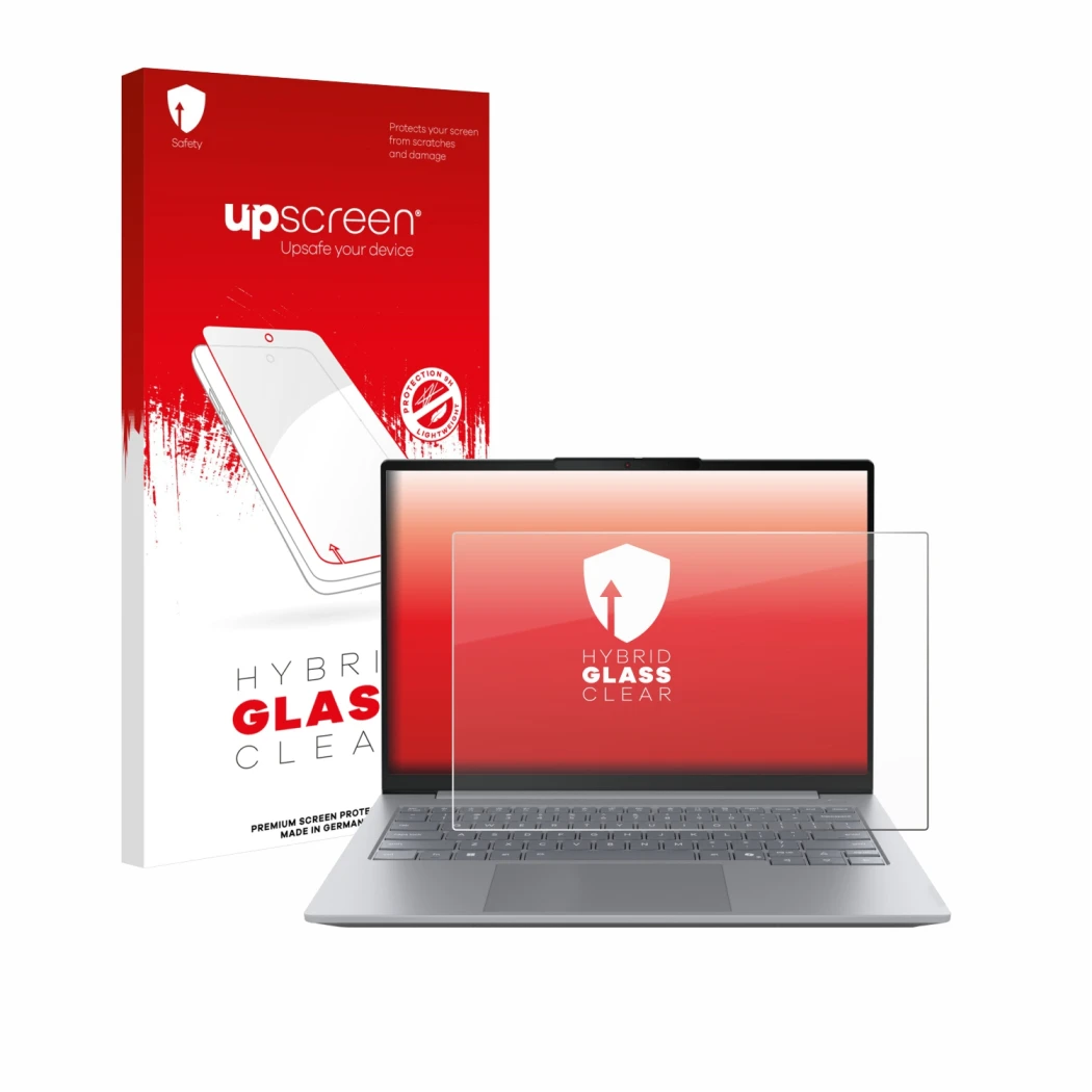 Face avant d’un emballage produit avec le logo de la marque upscreen. À côté, l’appareil Lenovo ThinkBook 14 Gen 8 est représe