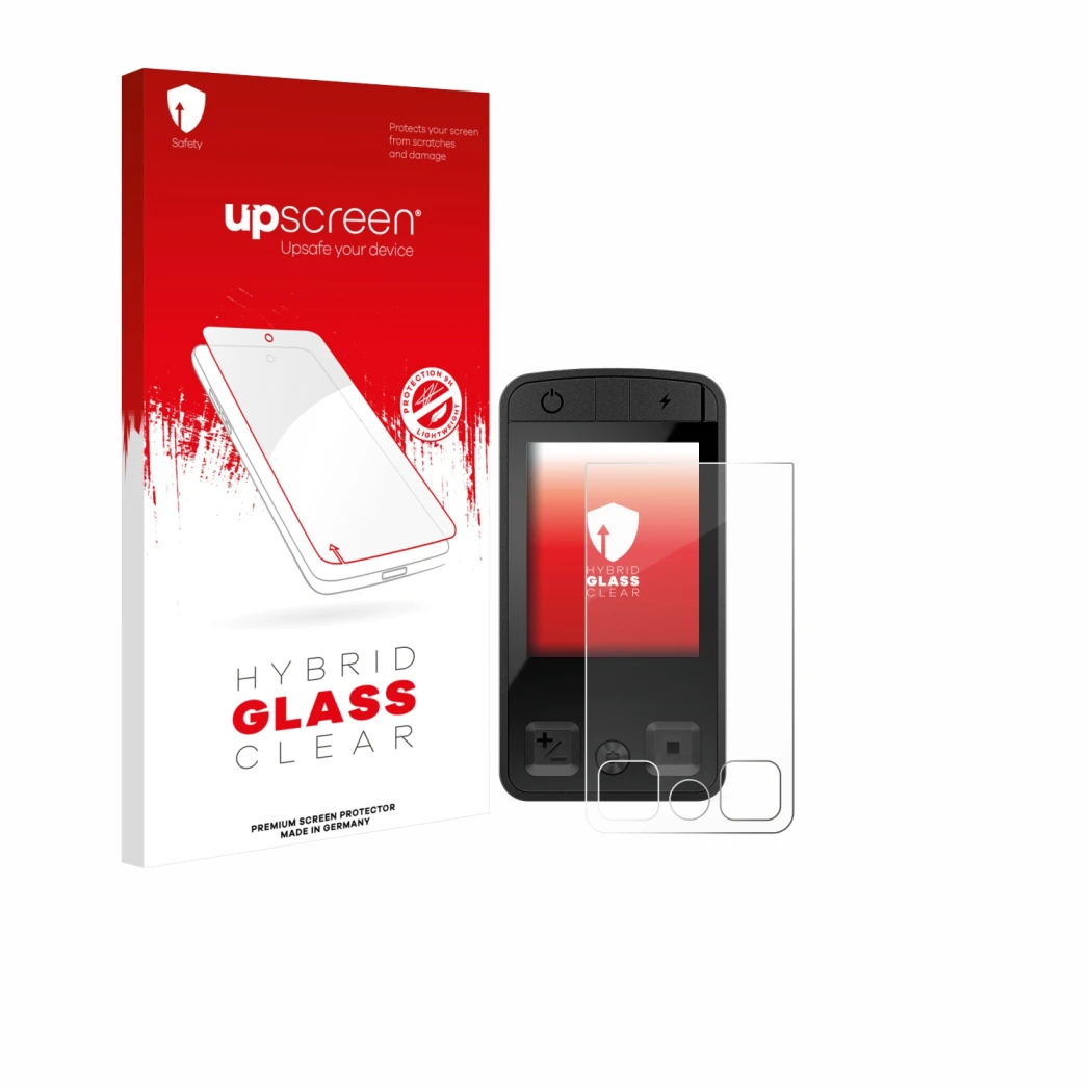 Face avant d’un emballage produit avec le logo de la marque upscreen. À côté, l’appareil Bosch Kiox 400C est représenté avec l