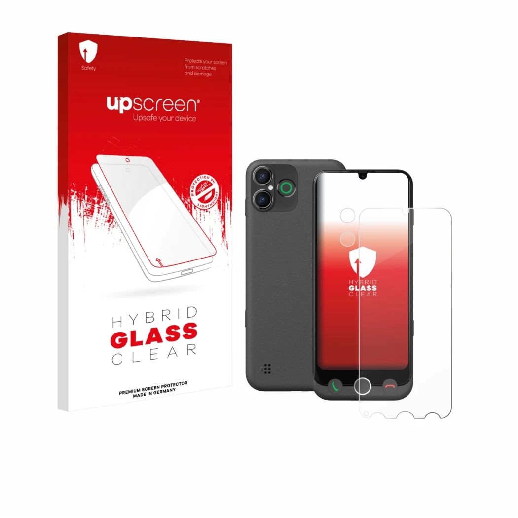 Face avant d’un emballage produit avec le logo de la marque upscreen. À côté, l’appareil Doro Aurora A30 (Avant+Caméra) est re