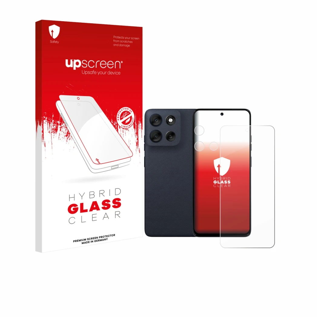 Face avant d’un emballage produit avec le logo de la marque upscreen. À côté, l’appareil Motorola Moto G56 (Avant+Caméra) est 