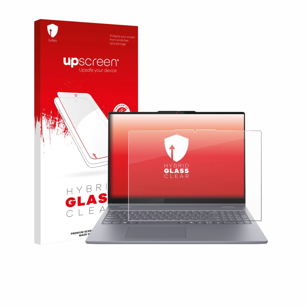 Face avant d’un emballage produit avec le logo de la marque upscreen. À côté, l’appareil Lenovo IdeaPad 5 2-in-1 14AKP10 est r