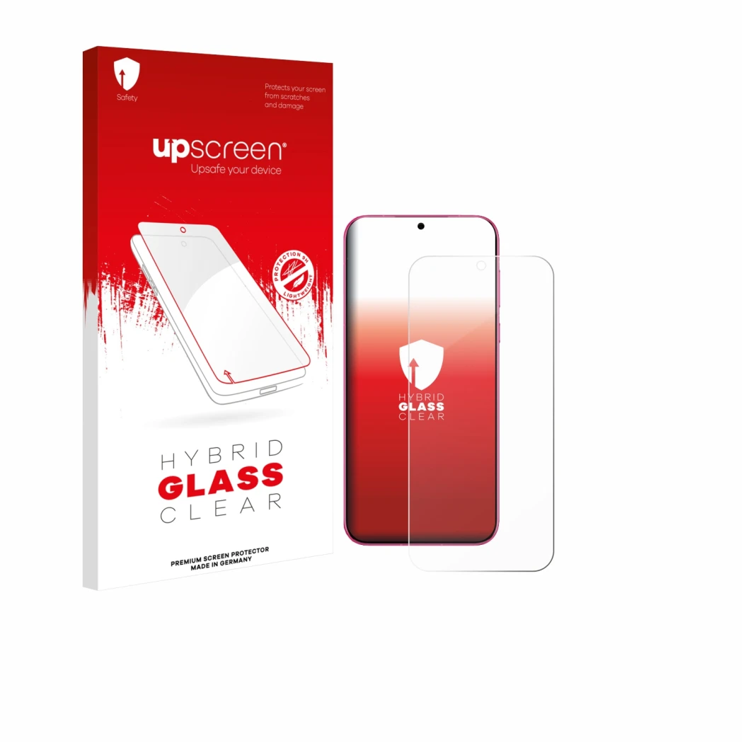 Face avant d’un emballage produit avec le logo de la marque upscreen. À côté, l’appareil Huawei Pura 80 est représenté avec la