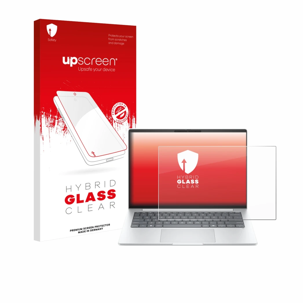 Face avant d’un emballage produit avec le logo de la marque upscreen. À côté, l’appareil HP EliteBook 8 G1i 14