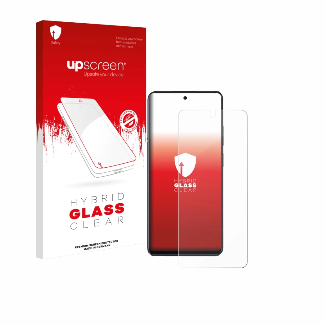 Face avant d’un emballage produit avec le logo de la marque upscreen. À côté, l’appareil Oppo A40 est représenté avec la prote
