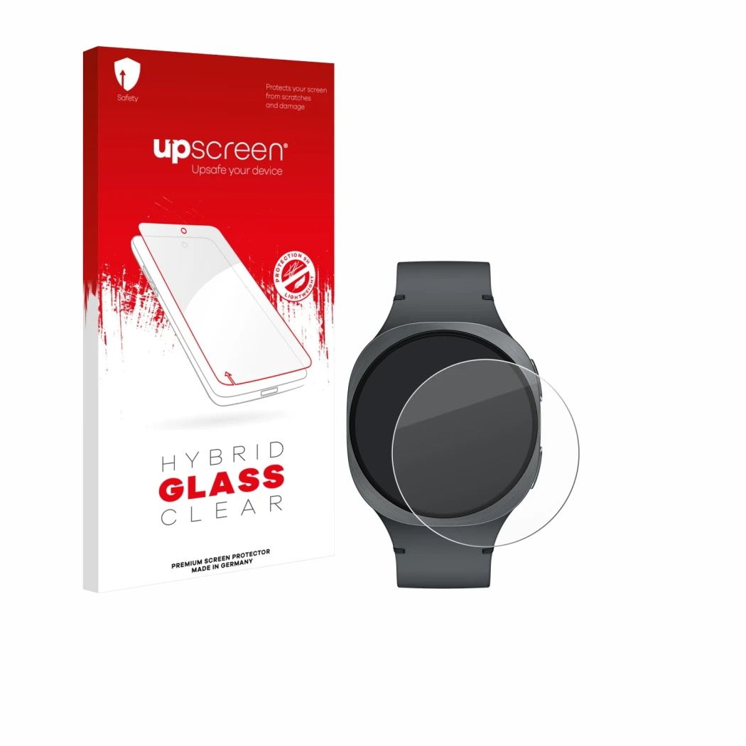 Face avant d’un emballage produit avec le logo de la marque upscreen. À côté, l’appareil Samsung Galaxy Watch 8 (40 mm) est re