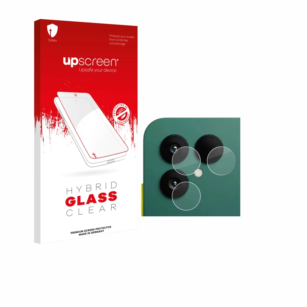 Face avant d’un emballage produit avec le logo de la marque upscreen. À côté, l’appareil Fairphone 6 (Caméra UNIQUEMENT) est r