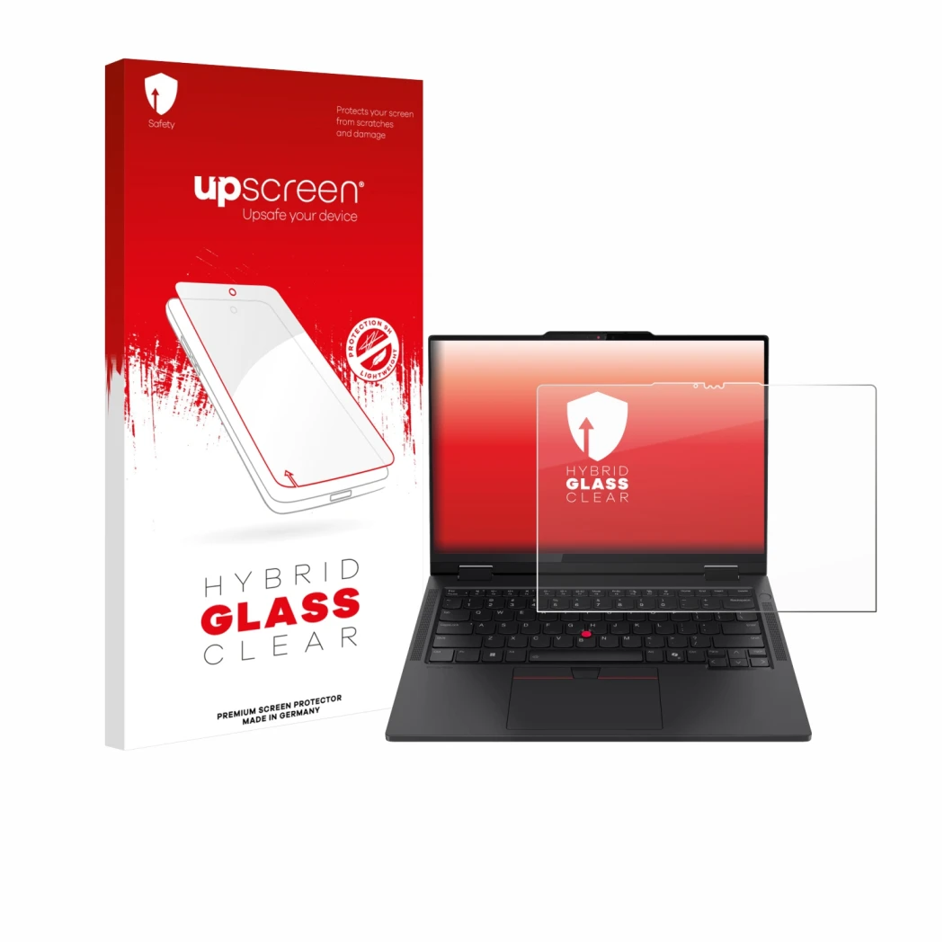 Face avant d’un emballage produit avec le logo de la marque upscreen. À côté, l’appareil Lenovo ThinkPad T14s 2-in-1 est repré
