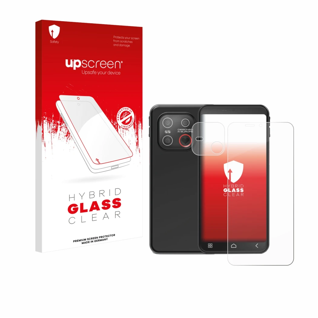 Face avant d’un emballage produit avec le logo de la marque upscreen. À côté, l’appareil Emporia Smart 7 Lite (Avant+Caméra) e