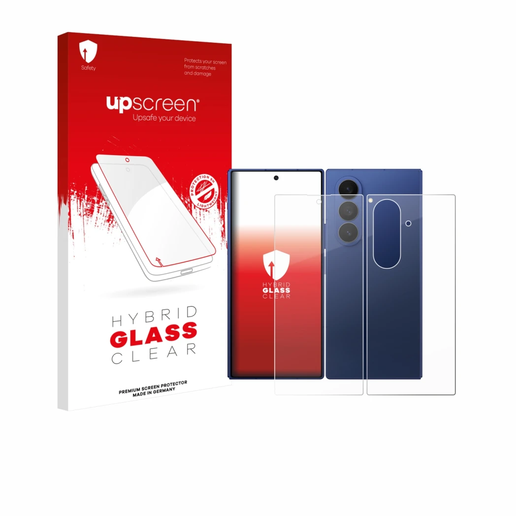 Face avant d’un emballage produit avec le logo de la marque upscreen. À côté, l’appareil Samsung Galaxy Z Fold 7 (Avant+Arrièr