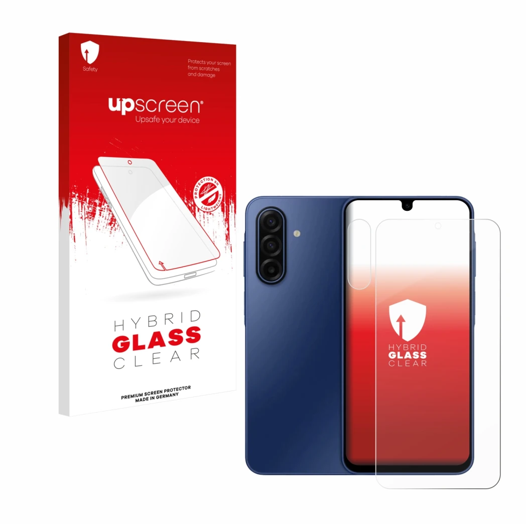 Face avant d’un emballage produit avec le logo de la marque upscreen. À côté, l’appareil Samsung Galaxy A17 5G (Avant+Caméra) 