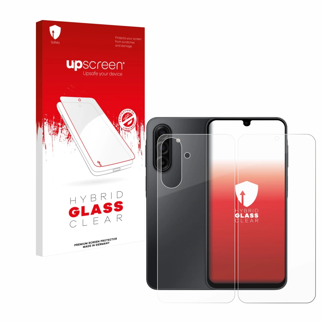 Face avant d’un emballage produit avec le logo de la marque upscreen. À côté, l’appareil Samsung Galaxy A17 5G (Avant+Arrière)