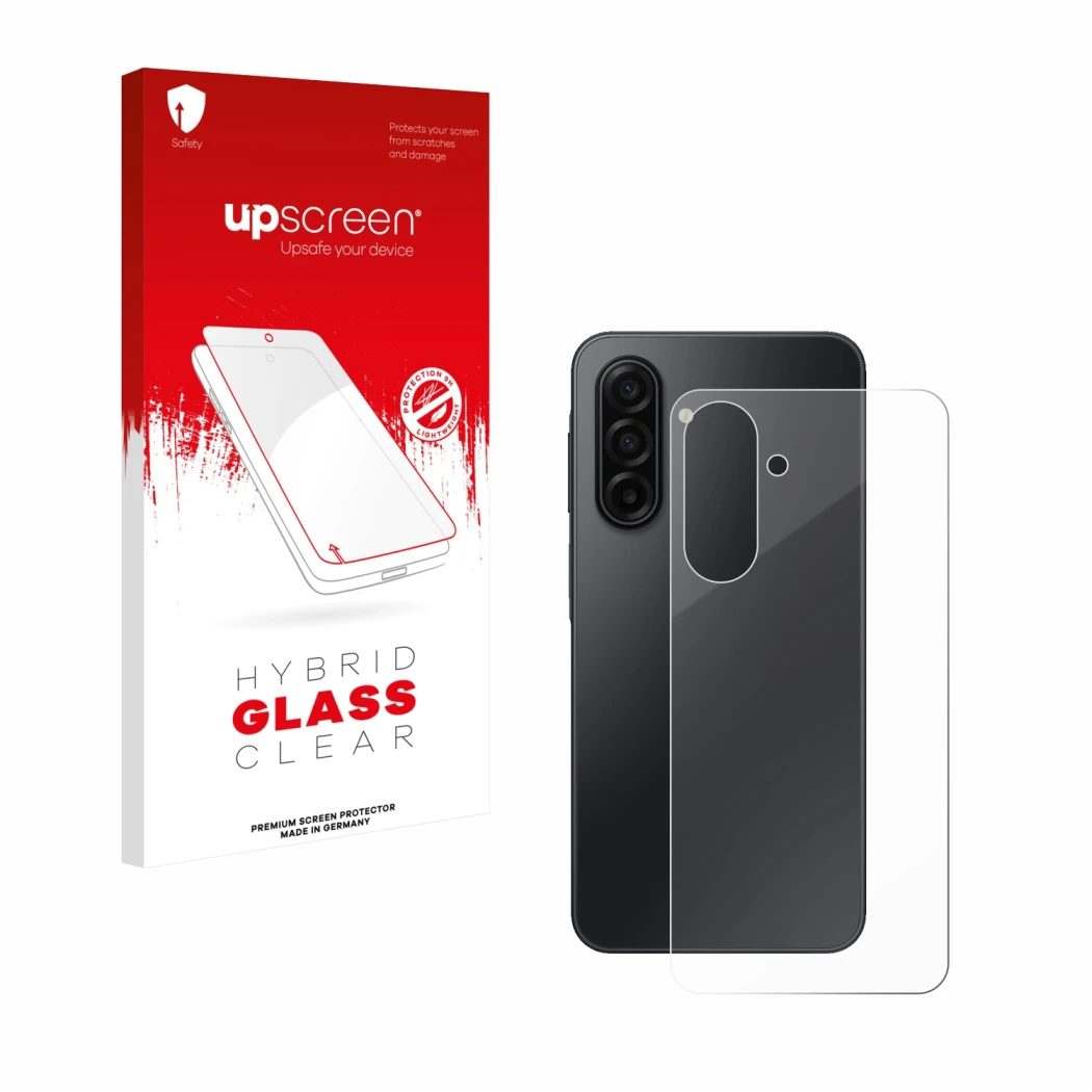 Face avant d’un emballage produit avec le logo de la marque upscreen. À côté, l’appareil Samsung Galaxy A17 5G (Arrière) est r