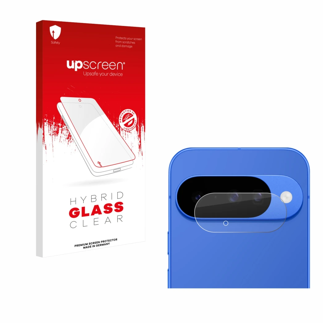 Face avant d’un emballage produit avec le logo de la marque upscreen. À côté, l’appareil Google Pixel 10 (Caméra UNIQUEMENT) e