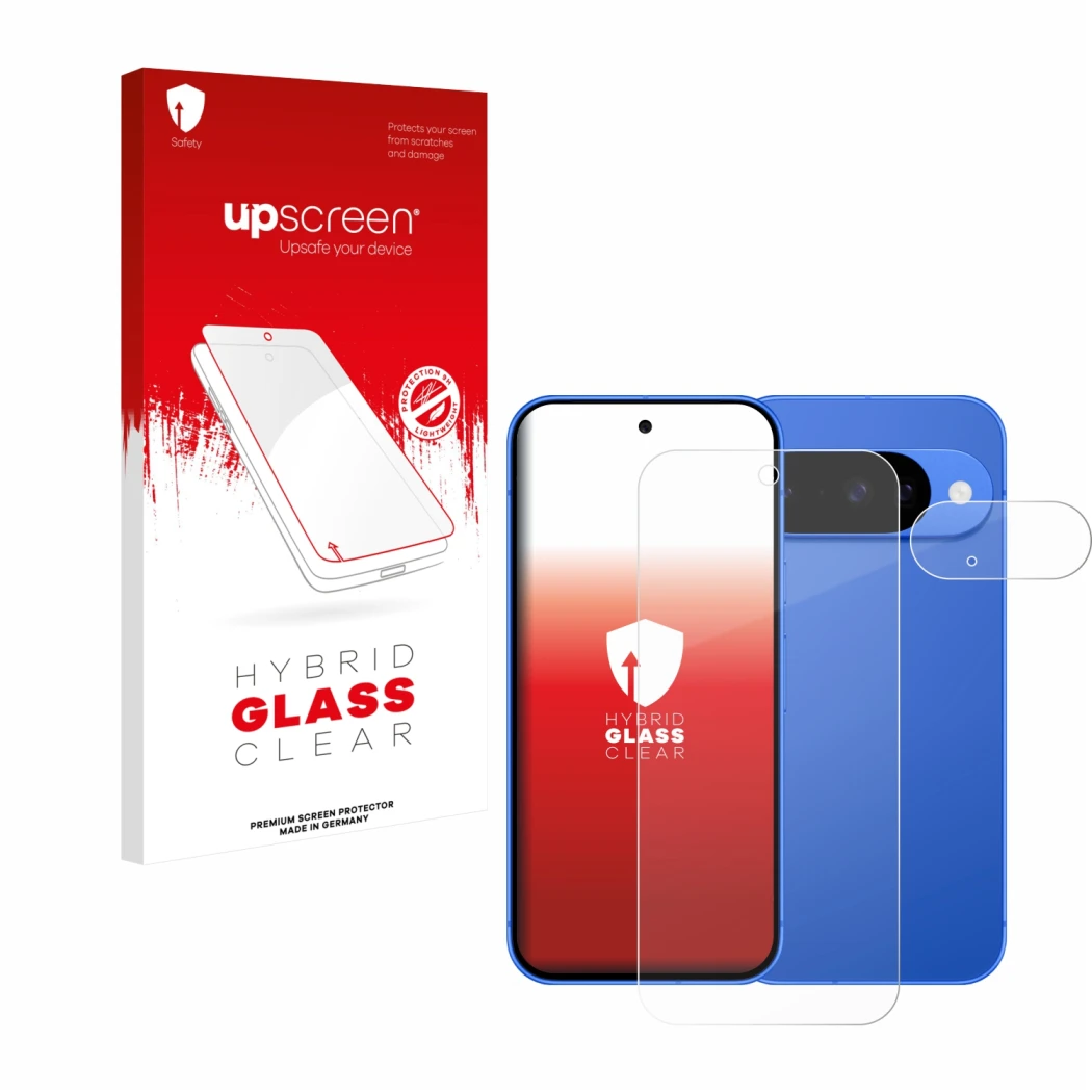 Face avant d’un emballage produit avec le logo de la marque upscreen. À côté, l’appareil Google Pixel 10 (Avant+Caméra) est re