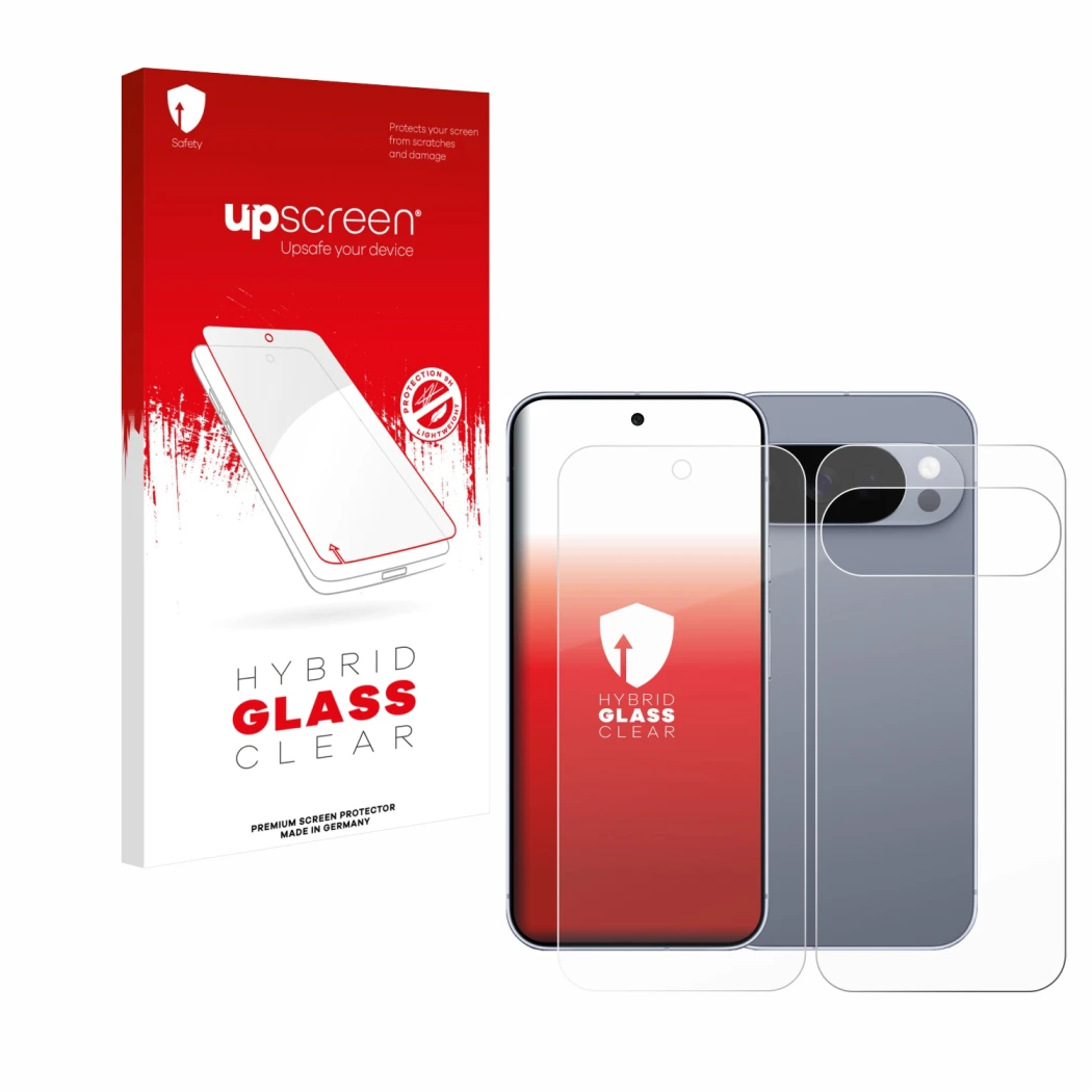 Face avant d’un emballage produit avec le logo de la marque upscreen. À côté, l’appareil Google Pixel 10 Pro (Avant+Arrière) e