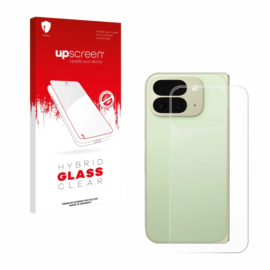 Face avant d’un emballage produit avec le logo de la marque upscreen. À côté, l’appareil Google Pixel 10 Pro Fold (Arrière) es