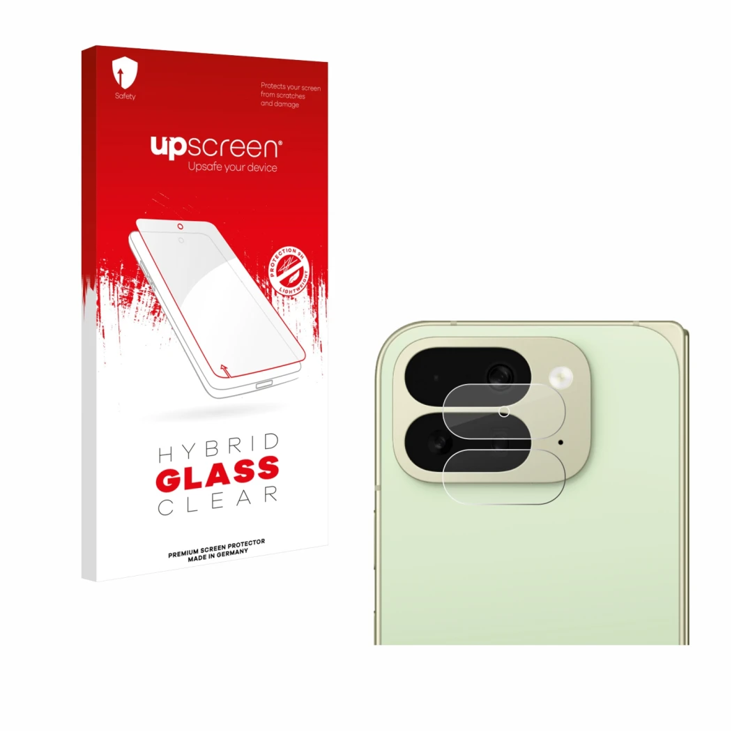 Face avant d’un emballage produit avec le logo de la marque upscreen. À côté, l’appareil Google Pixel 10 Pro Fold (Caméra UNIQ