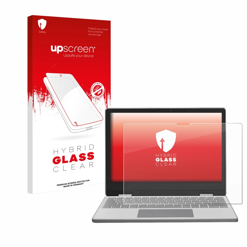 Face avant d’un emballage produit avec le logo de la marque upscreen. À côté, l’appareil Framework Laptop 12 est représenté av