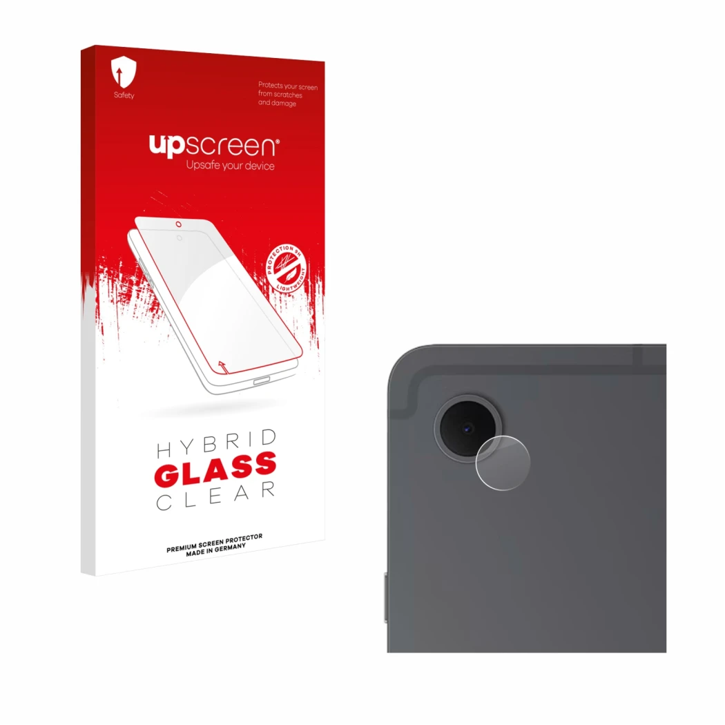 Face avant d’un emballage produit avec le logo de la marque upscreen. À côté, l’appareil Samsung Galaxy Tab S10 Lite (Caméra U