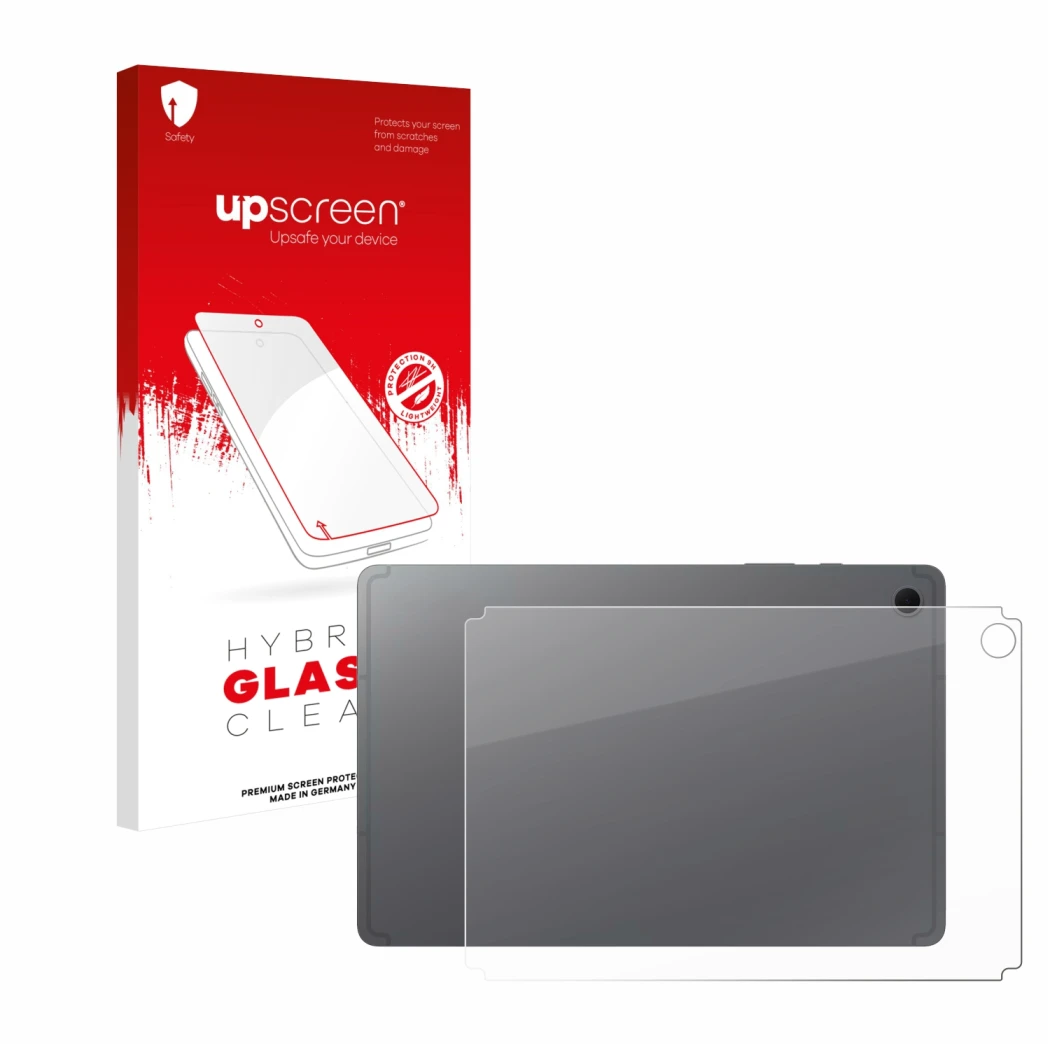 Face avant d’un emballage produit avec le logo de la marque upscreen. À côté, l’appareil Samsung Galaxy Tab S10 Lite (Arrière)