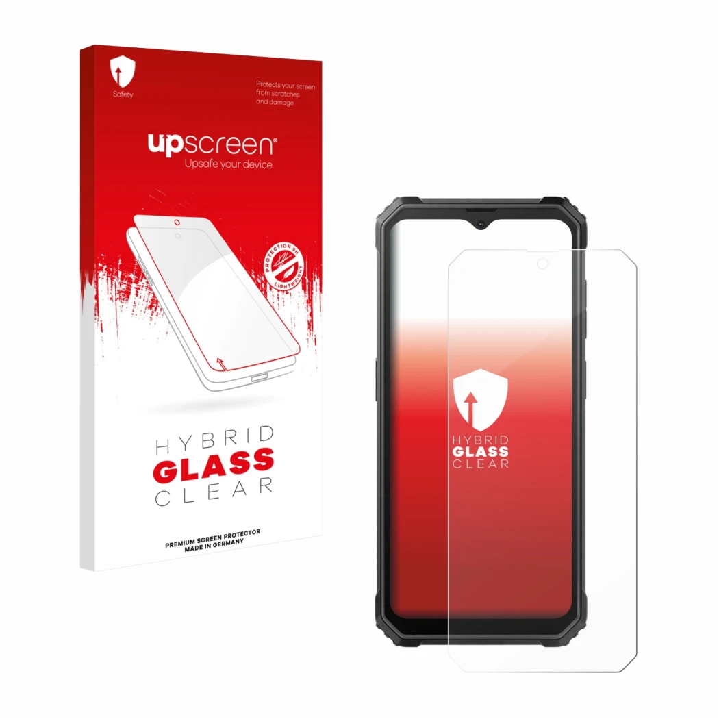 Face avant d’un emballage produit avec le logo de la marque upscreen. À côté, l’appareil Blackview BV4800 SE est représenté av