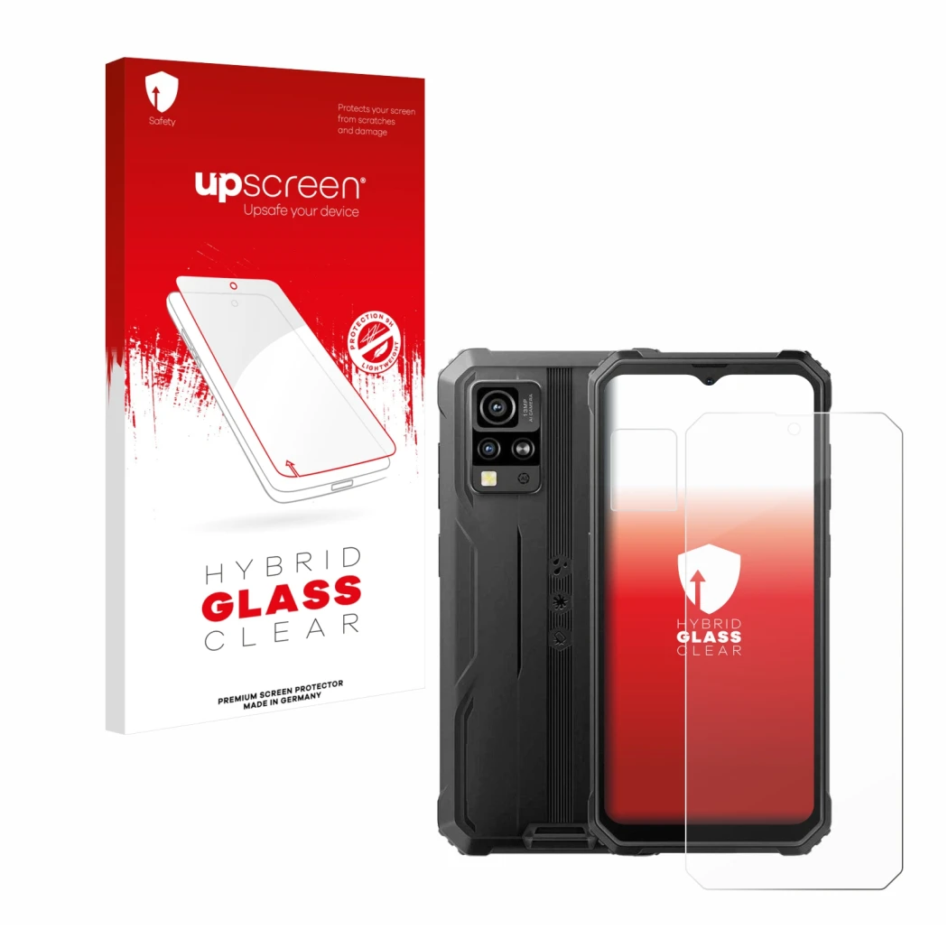 Face avant d’un emballage produit avec le logo de la marque upscreen. À côté, l’appareil Blackview BV4800 SE (Avant+Caméra) es