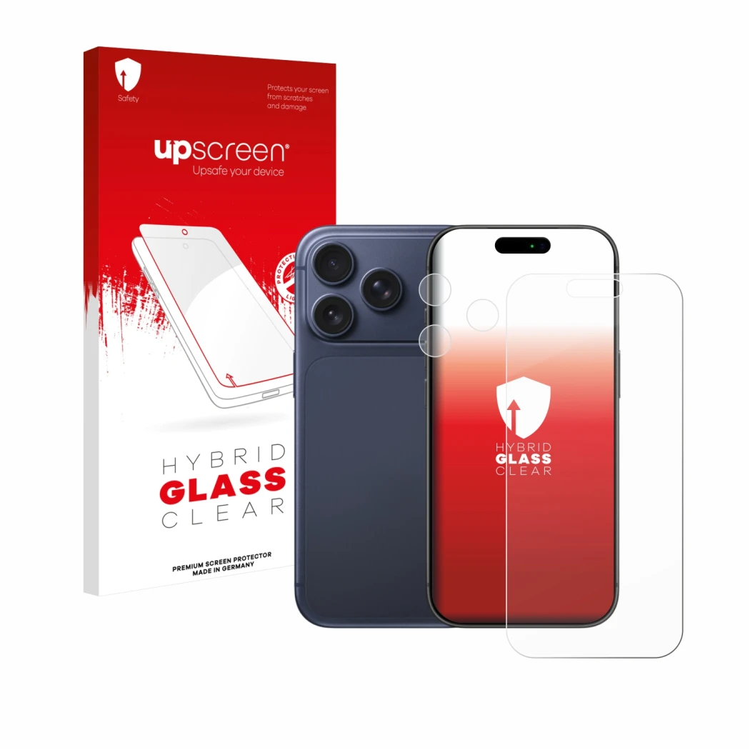 Face avant d’un emballage produit avec le logo de la marque upscreen. À côté, l’appareil Apple iPhone 17 Pro (Avant+Caméra) es