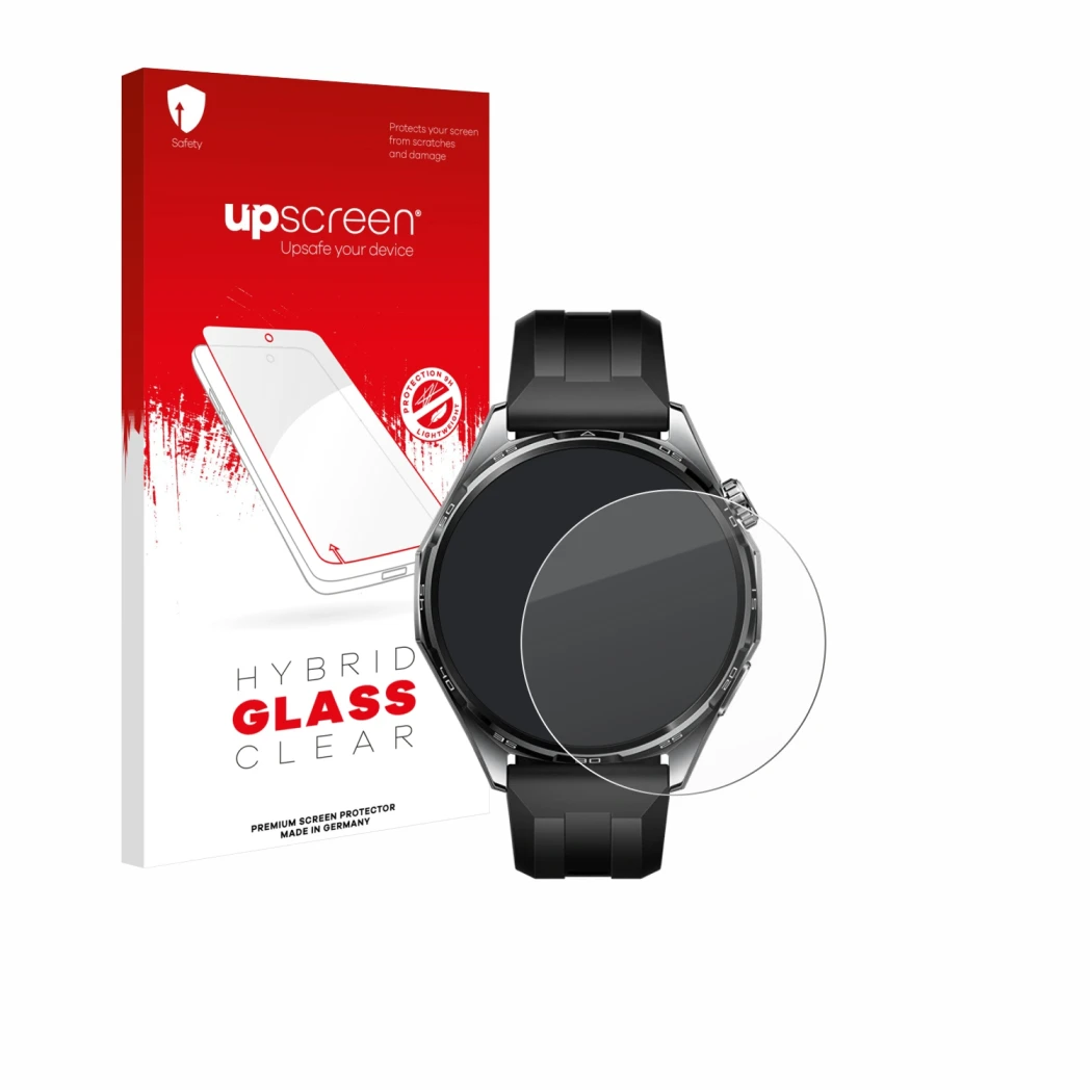 Face avant d’un emballage produit avec le logo de la marque upscreen. À côté, l’appareil Huawei Watch GT 6 (46 mm) est représe